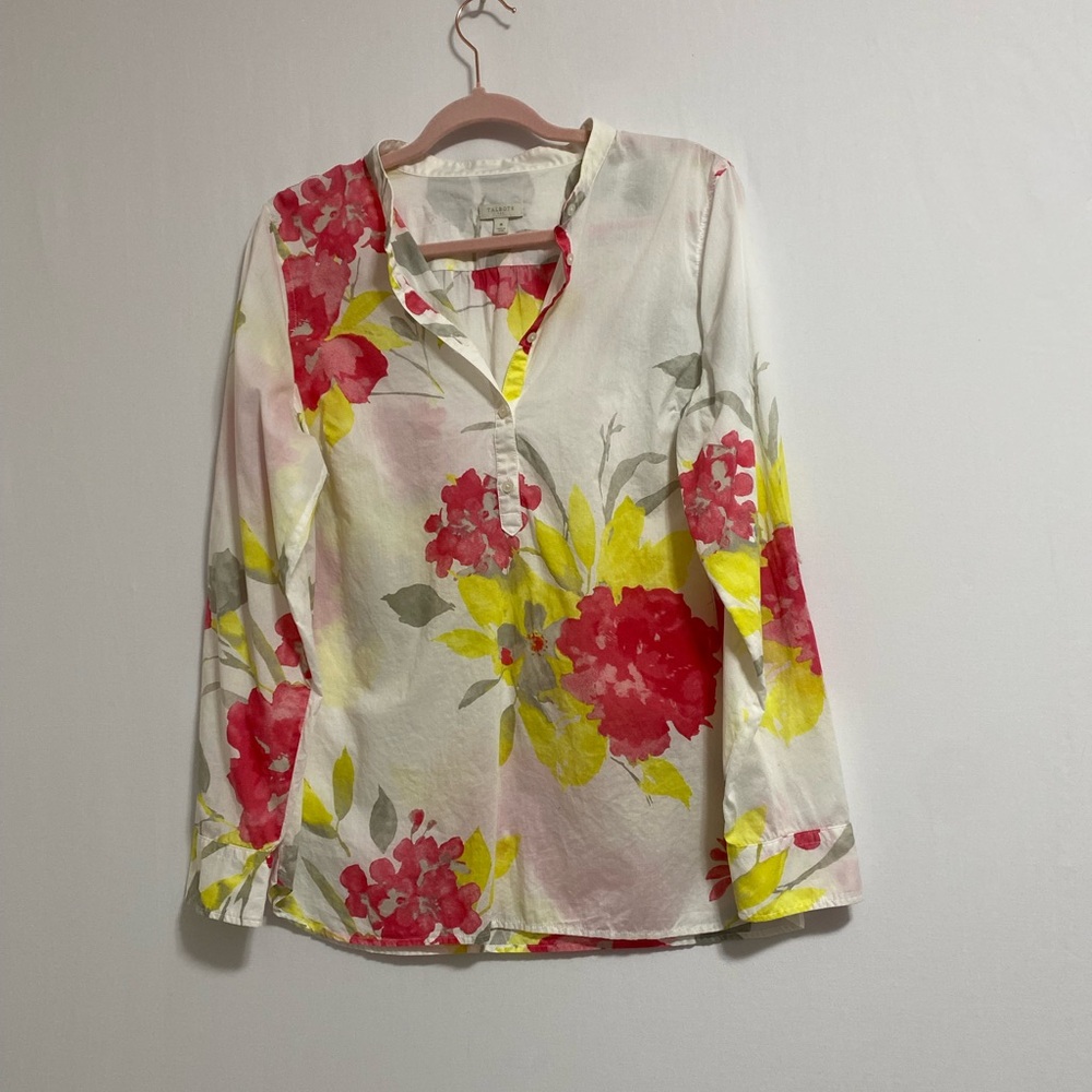 Talbots Floral Blouse - Red, Yellow, and Gray